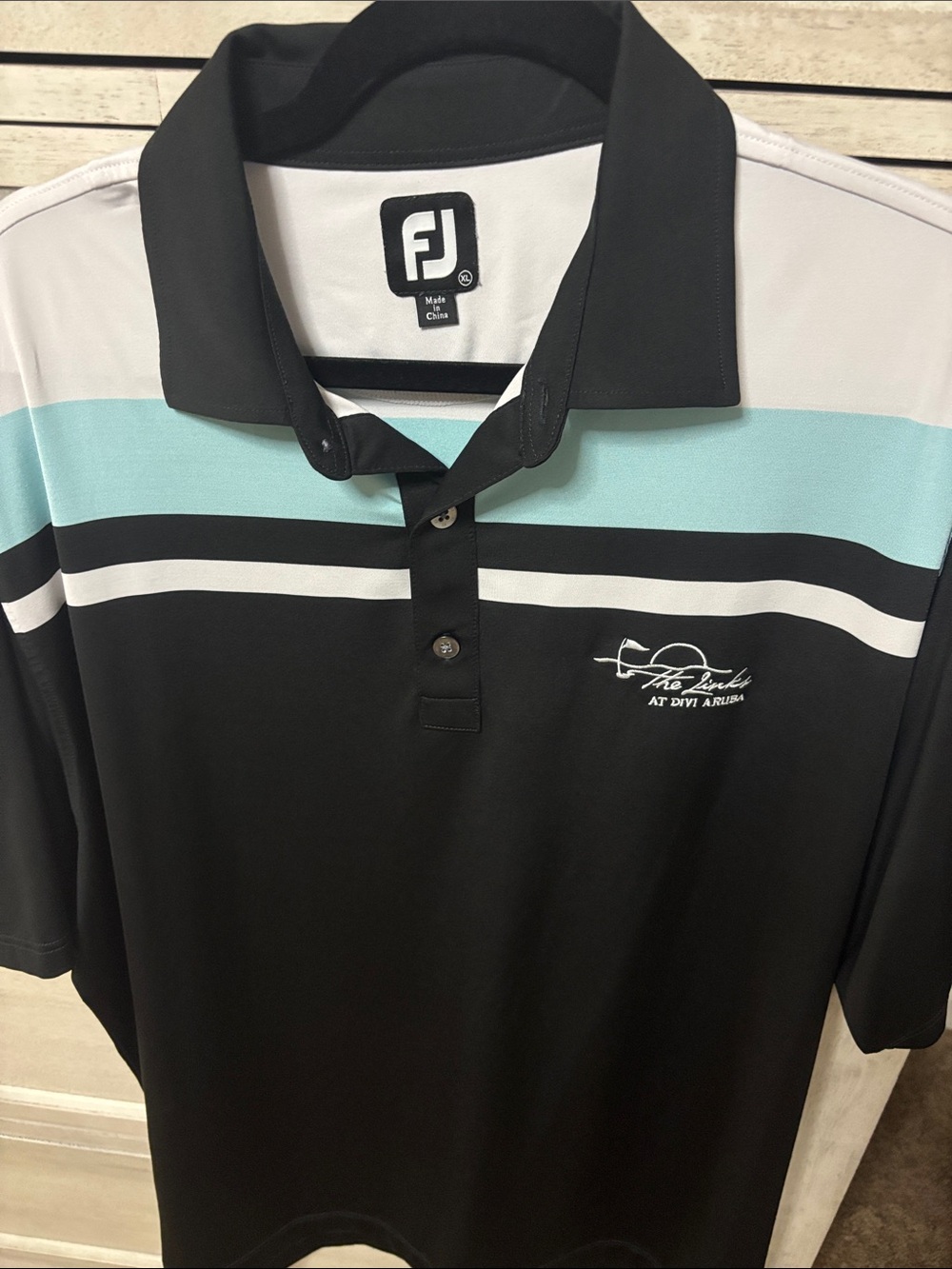 FootJoy Men’s Black Polo with Light Blue and White Stripes